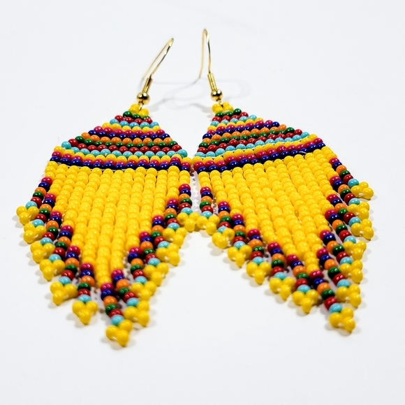 Handmade Yellow Tribal Seed Bead Fringe Earrings - Picture 3 of 5